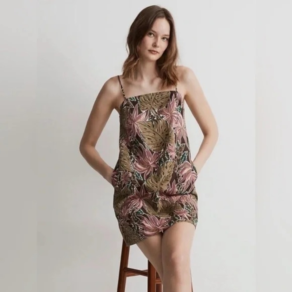 Madewell Goldie Mini Dress, linen, Floral Print Brown and Pink Dress, size 00